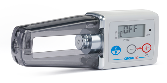 Crono SC with protective wings closed. Infusion pump for palliative treatment, pump therapy and asthma